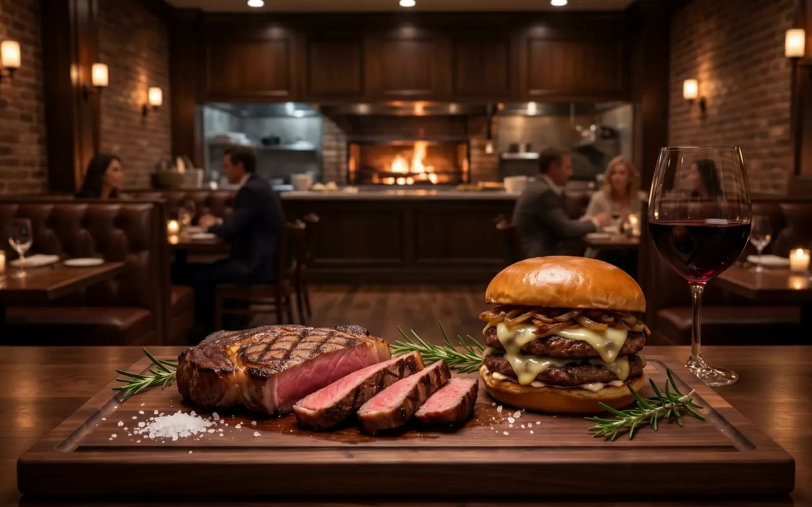 Wół i Spółka, stek i burger w restauracji wieczorem